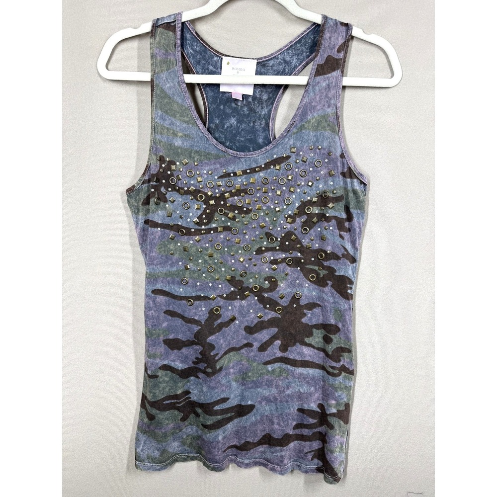 Romeo & Juliet Couture Tank Top Womens Medium Camo Studded Racerback Y2K